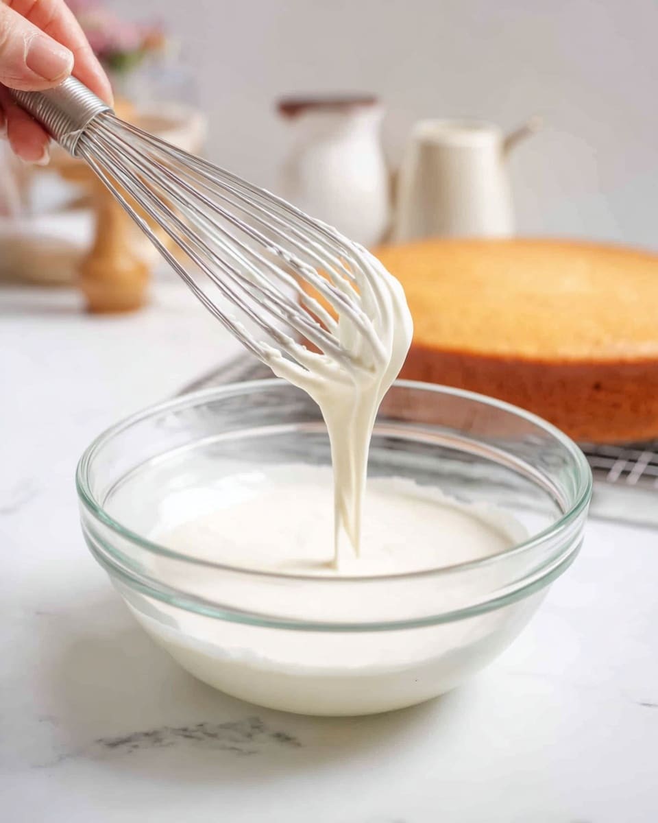 A clear glass bowl sits on a white marbled surface, filled with a shiny, smooth white cream. A woman's hand holds a metal whisk lifting some of the cream, showing its thick, soft texture as it slowly drips back into the bowl. In the background, there is a round golden brown cake on a rack and a couple of blurred kitchen items. photo taken with an iphone --ar 4:5 --v 7