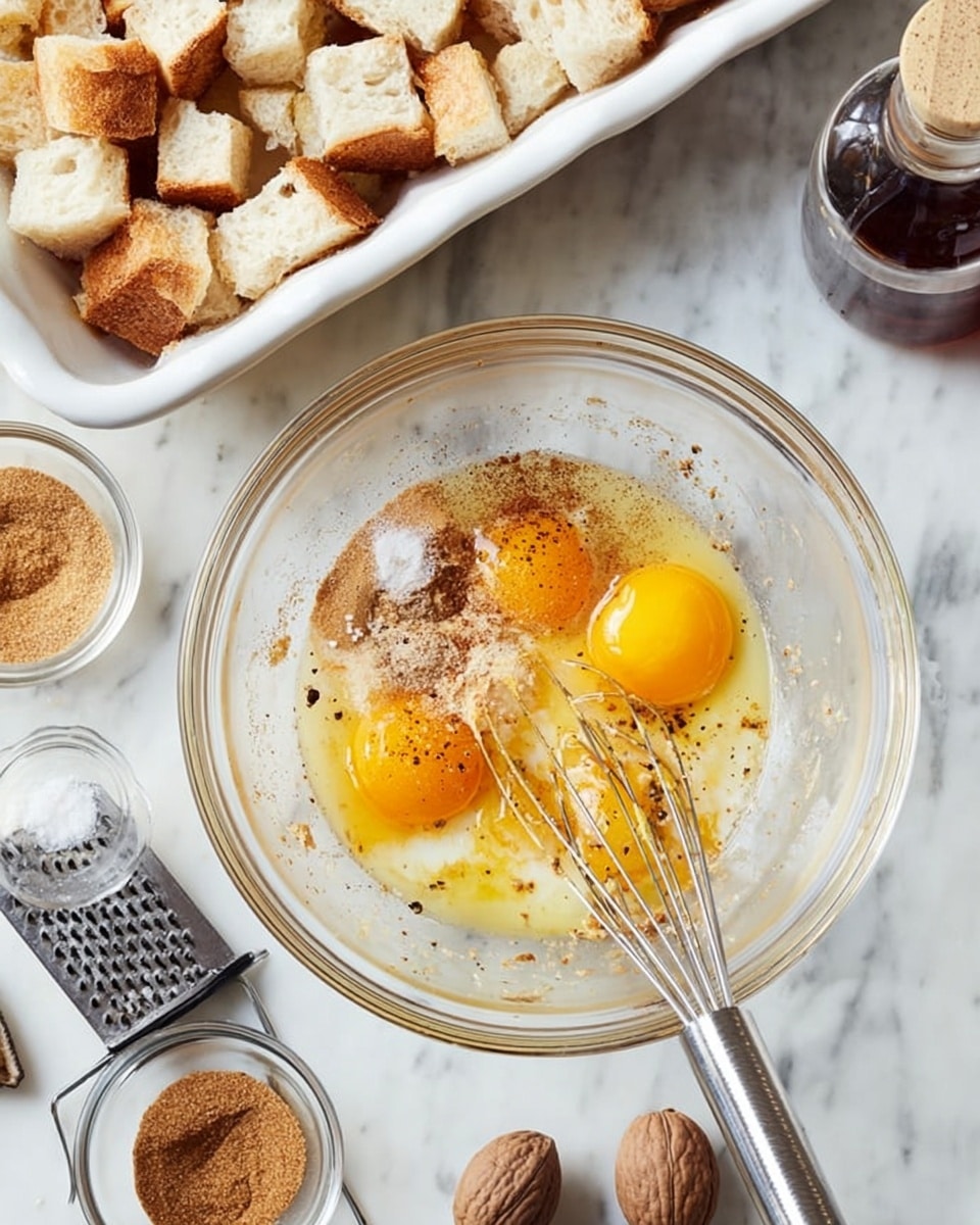 A clear glass bowl containing four raw eggs with bright yellow yolks and spices sprinkled on top, including a light brown powder and ground black pepper, sits on a white marbled surface. Inside the bowl is a metal whisk positioned to the right. Above, there is a white baking dish filled with small square pieces of white bread with crusts visible. Around the bowl are small glass bowls containing light brown sugar and cinnamon powder, a small bottle with a dark liquid, and a metal grater with a black handle lying horizontally, with two whole nutmegs nearby. The photo was taken with an iphone --ar 4:5 --v 7
