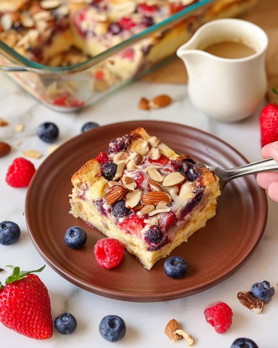 A slice of layered dessert on a white plate shows three main layers: a bottom light yellow cake layer, a middle pinkish creamy layer with bits of fruit mixed in, and a top layer covered with chopped nuts, chocolate chips, and fresh raspberries. White sauce drips over the top and down the sides. Around the plate are fresh raspberries, blueberries, and strawberries on a white marbled surface with a part of a blue and white checked cloth nearby. photo taken with an iphone --ar 4:5 --v 7