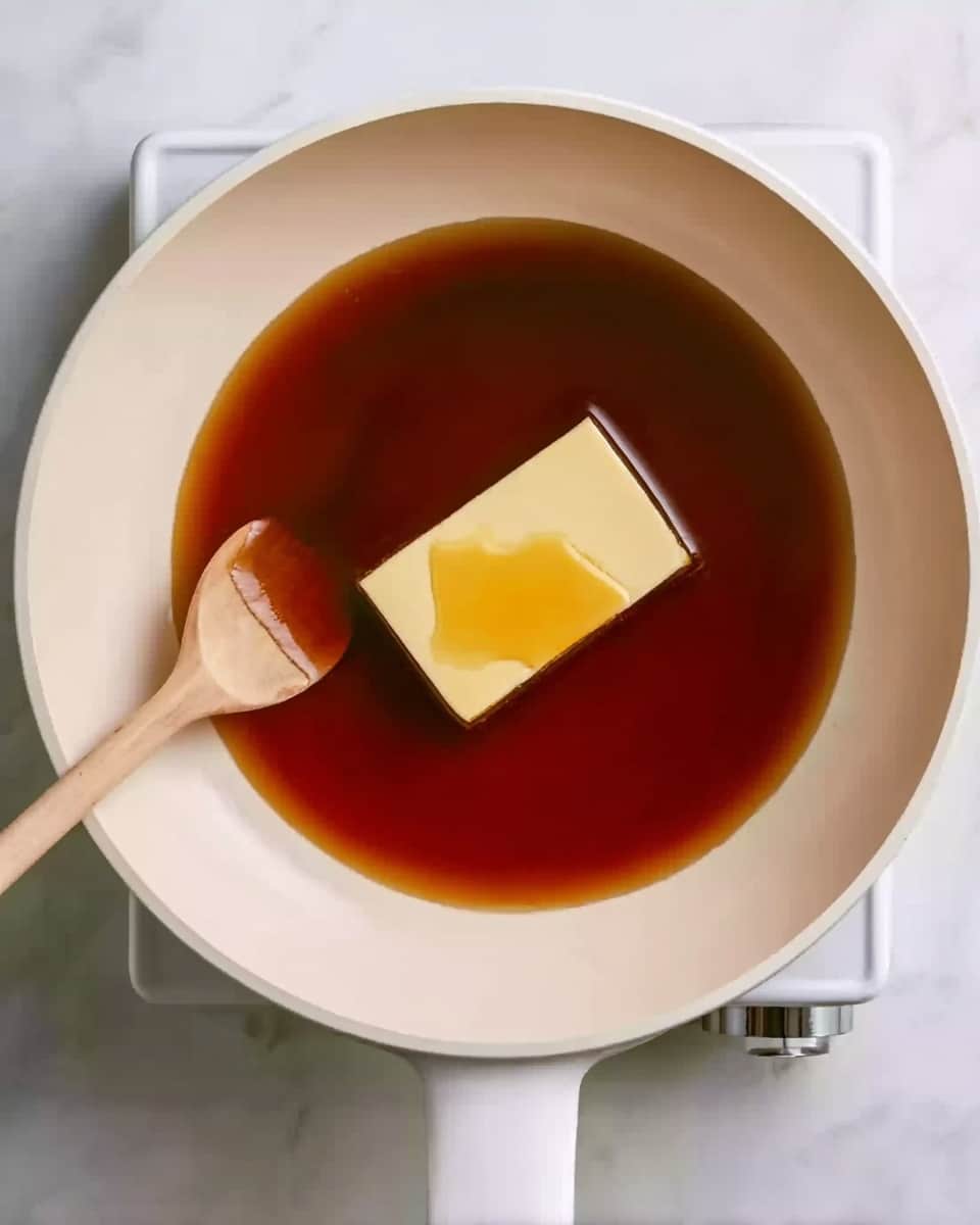 A white pan sits on a stovetop with a white marbled surface visible around. Inside the pan is a rich, deep brown liquid that looks smooth and glossy. In the center floats a single rectangular piece of pale yellow butter, slowly melting with a small pool of lighter melted butter spreading on top. A beige spoon rests on the edge of the pan, ready to stir. Photo taken with an iphone --ar 4:5 --v 7
