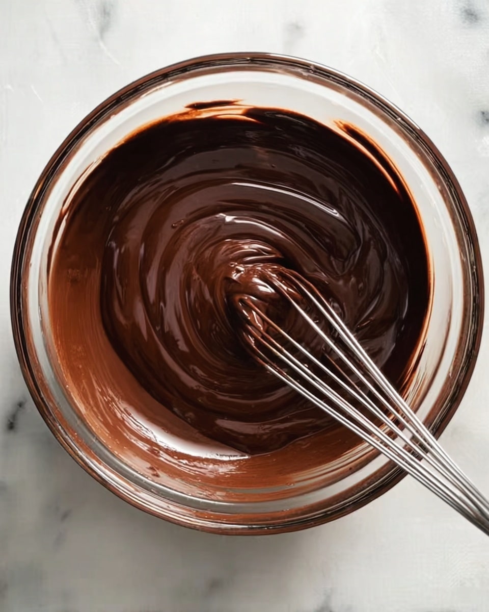 A clear glass bowl filled with smooth, shiny dark brown melted chocolate, swirled gently with a metal whisk. The rich chocolate has a thick, creamy texture with light reflecting softly on its surface, showing the swirl pattern made by stirring. The bowl is placed on a white marbled surface. photo taken with an iphone --ar 4:5 --v 7