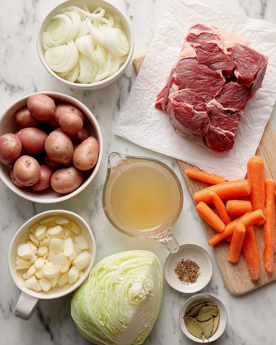 A white bowl filled with sliced white onions sits near a white bowl full of small red potatoes. There is a large raw piece of red meat with white fat laid on white paper next to a pale green bowl holding quartered cabbage. A light brown wooden board holds several chopped orange carrots. Nearby, a clear glass measuring cup is filled with light yellow broth, next to a small white bowl of chopped garlic, a tiny light brown dish with mixed spices, and another small white bowl with dried bay leaves. All items are arranged on a white marbled surface photo taken with an iphone --ar 4:5 --v 7