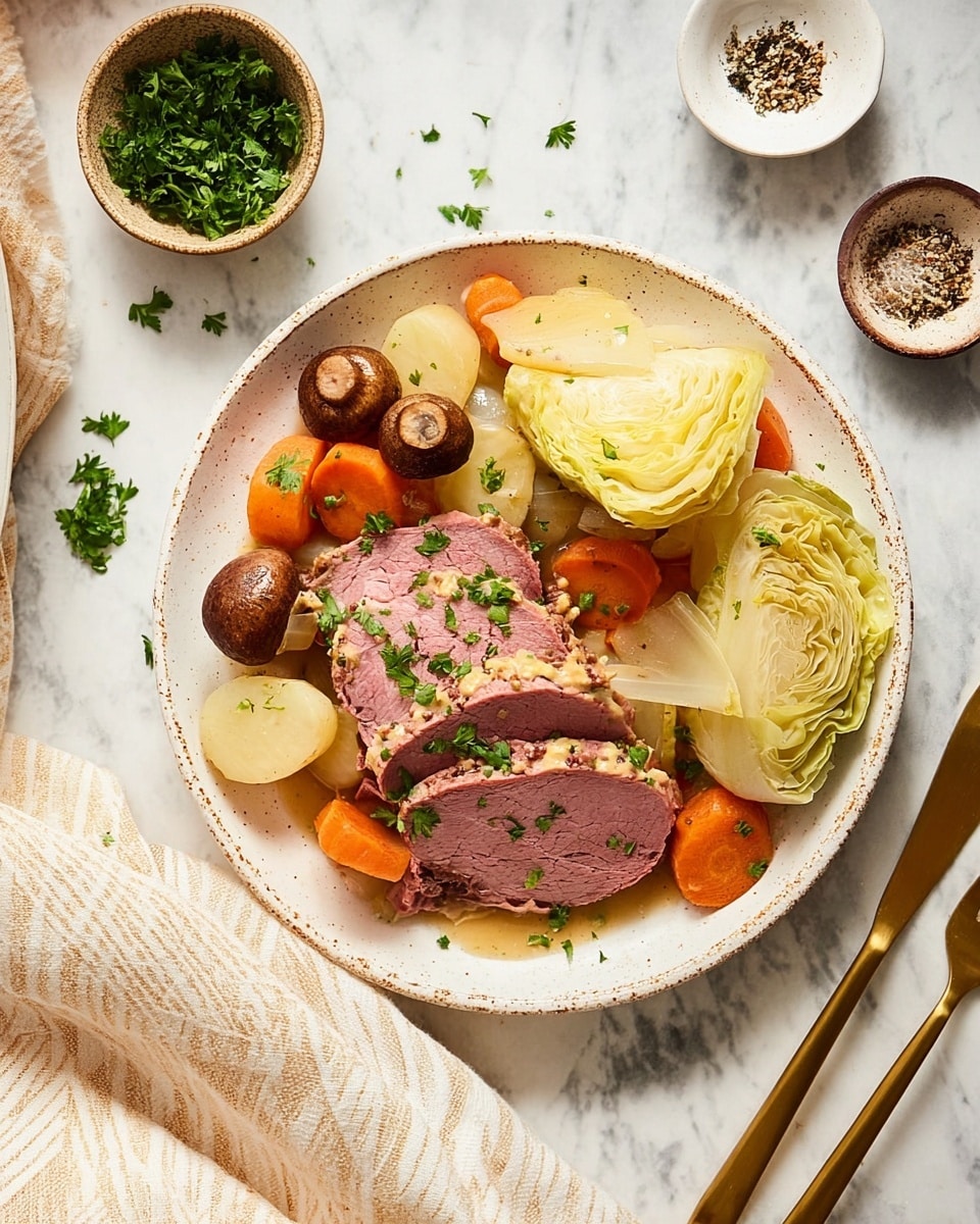 A white plate with small brown speckles holds a meal arranged in a circular pattern: at the center are three thick slices of pinkish cooked meat with some grainy sauce on the edges, scattered with chopped green herbs. Surrounding the meat are light yellow cabbage leaves on the right, and around the plate are orange carrot sections and four round, brown mushrooms. Off-white onion pieces are mixed with the cabbage and vegetables. The plate sits on a white marbled surface with a small light brown bowl containing chopped green herbs in the top left corner, and a small white bowl with ground pepper on the right side. A gold fork and knife rest on the bottom right near the corner of the image, and part of a cream-colored striped fabric is visible in the bottom left. Photo taken with an iphone --ar 4:5 --v 7