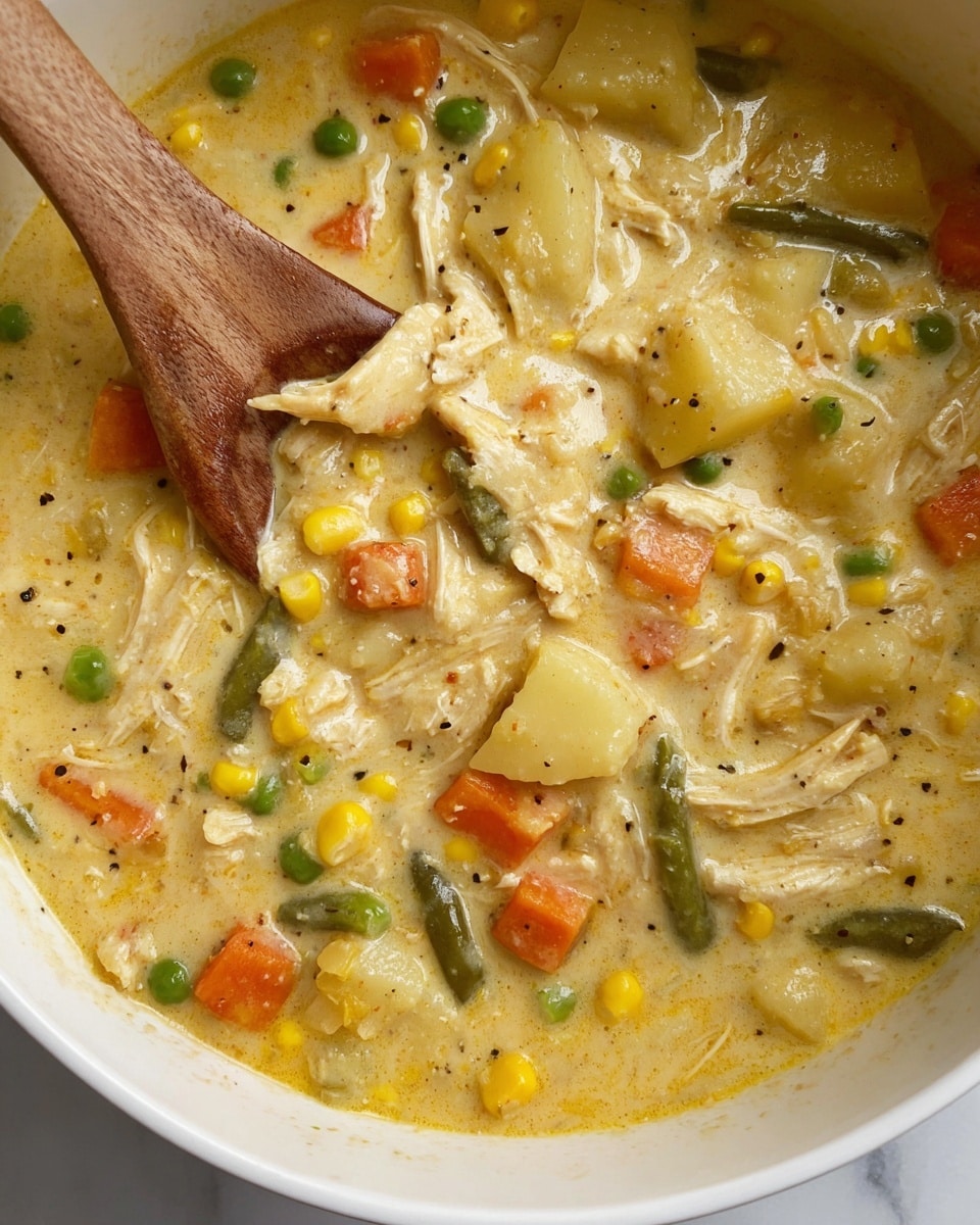 A close-up view of a thick stew in a white bowl with a creamy yellow base mixed with shredded light-colored chicken pieces, small green peas, orange carrot cubes, yellow potato chunks, corn kernels, and green beans scattered throughout. The stew has a smooth, slightly glossy texture with visible black pepper specks. A wooden spoon is partially dipped into the stew from the upper left side, resting inside the bowl. The bowl is placed on a white marbled surface. Photo taken with an iphone --ar 4:5 --v 7