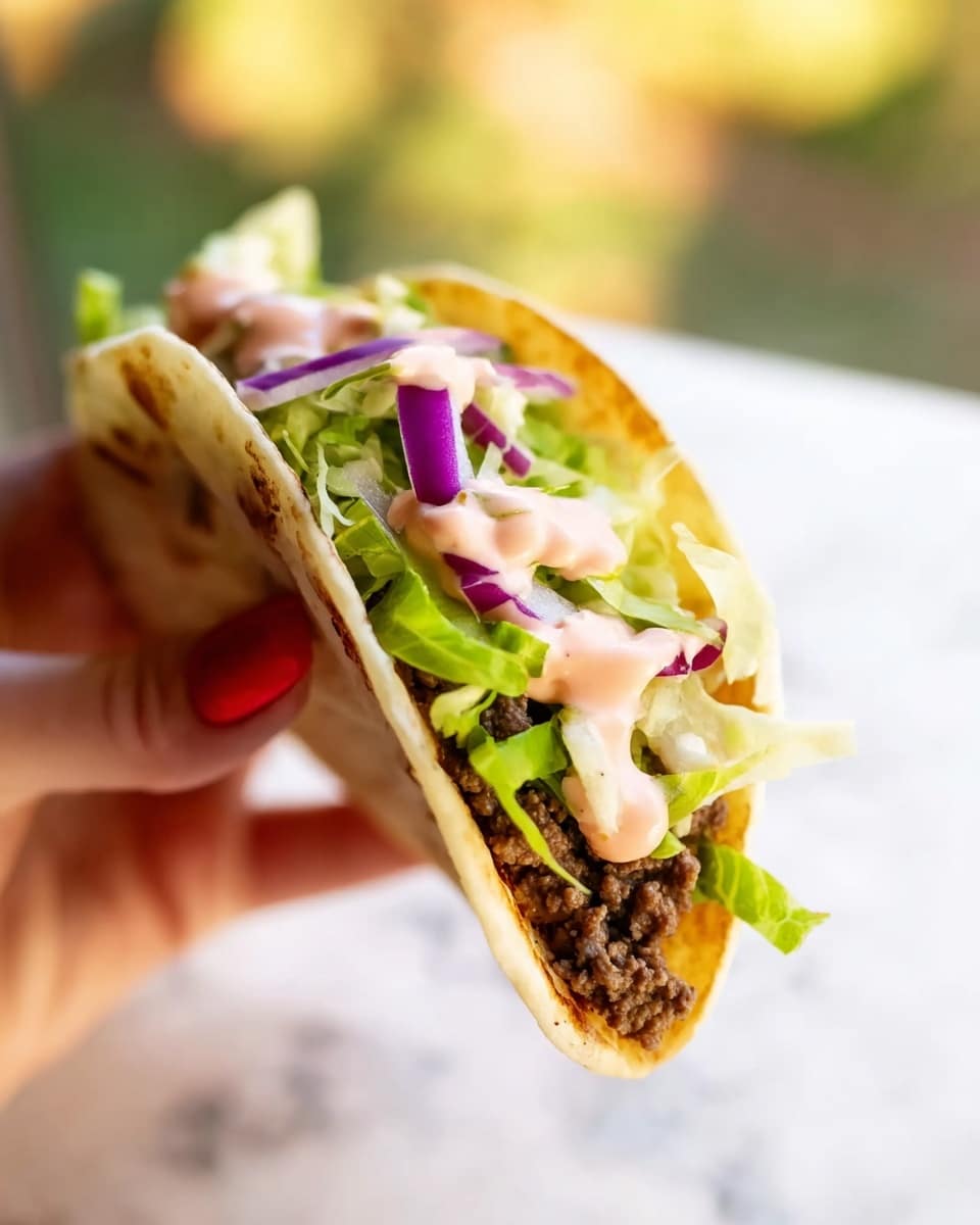 A close-up of a soft taco held by a woman's hand with red nail polish, showing a white, slightly toasted taco shell as the base. Inside the taco, there are two dark brown pieces of cooked ground beef layered along the bottom. On top of the meat, bright green shredded lettuce and some large, vibrant purple onion slices add fresh color and texture. A light pink creamy sauce is drizzled over the filling, giving a smooth contrast to the crisp vegetables and meat. The background is softly blurred with warm natural light and a white marbled surface below, creating a fresh and bright setting photo taken with an iphone --ar 4:5 --v 7