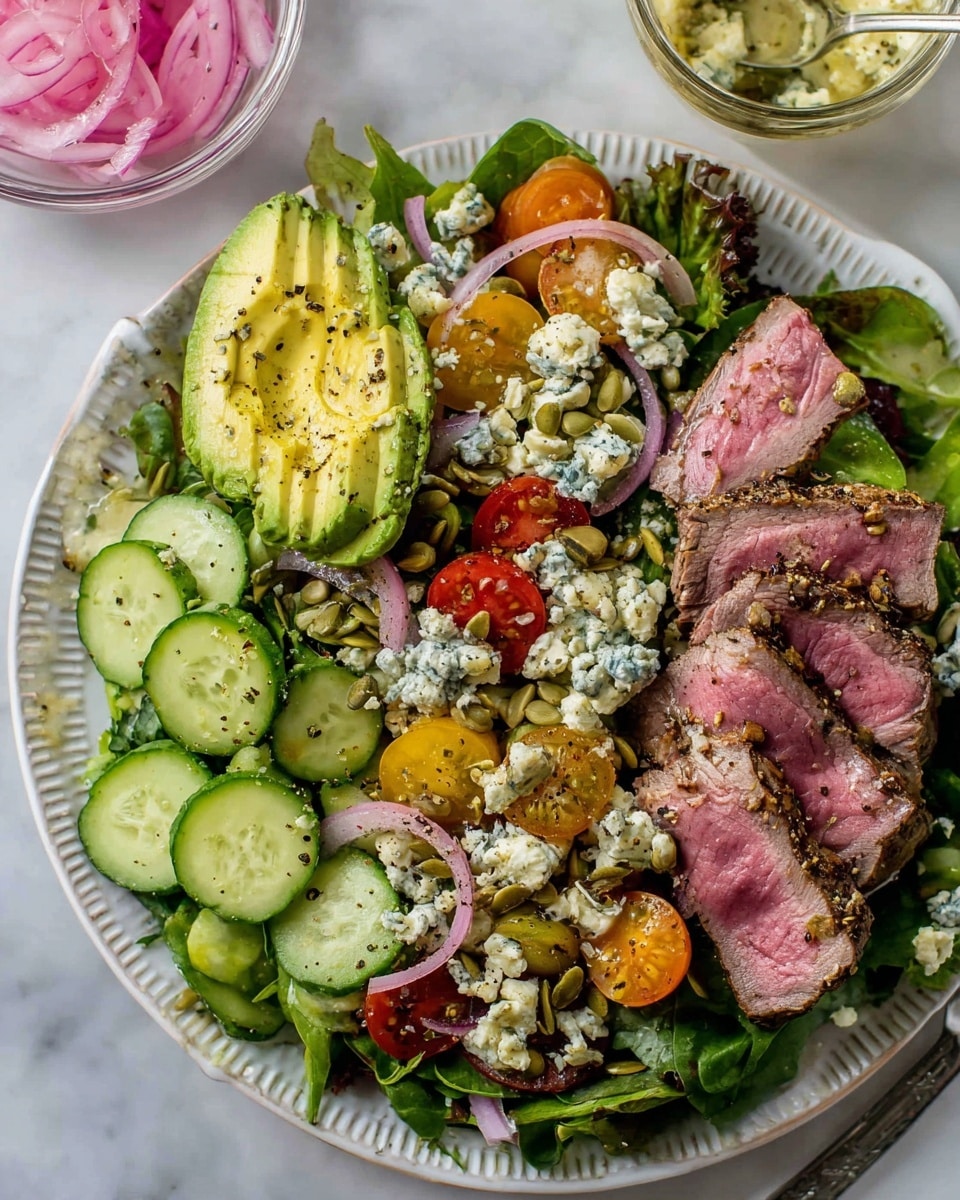 The dish is a fresh salad served on a white plate with a patterned rim, placed on a white marbled surface. The base layer is a mix of dark and light green leafy greens and spinach, spread across the plate. On top of the greens are halved red and yellow cherry tomatoes and sliced green cucumbers scattered evenly. To the left side, there is a fan of thin avocado slices with light green and yellow hues, sprinkled with cracked black pepper and pumpkin seeds. Thin, curly strips of pink pickled onions are placed intermittently over the salad. On the right side, there are several slices of medium-rare meat with a browned outside and pinkish inside, also sprinkled with crumbled blue cheese and pumpkin seeds, adding a creamy texture. Small dollops of creamy white dressing or blue cheese are dotted throughout. The salad looks lightly seasoned with black pepper visible on avocado and meat. A small glass bowl with pickled onions is visible to the top left. photo taken with an iphone --ar 4:5 --v 7