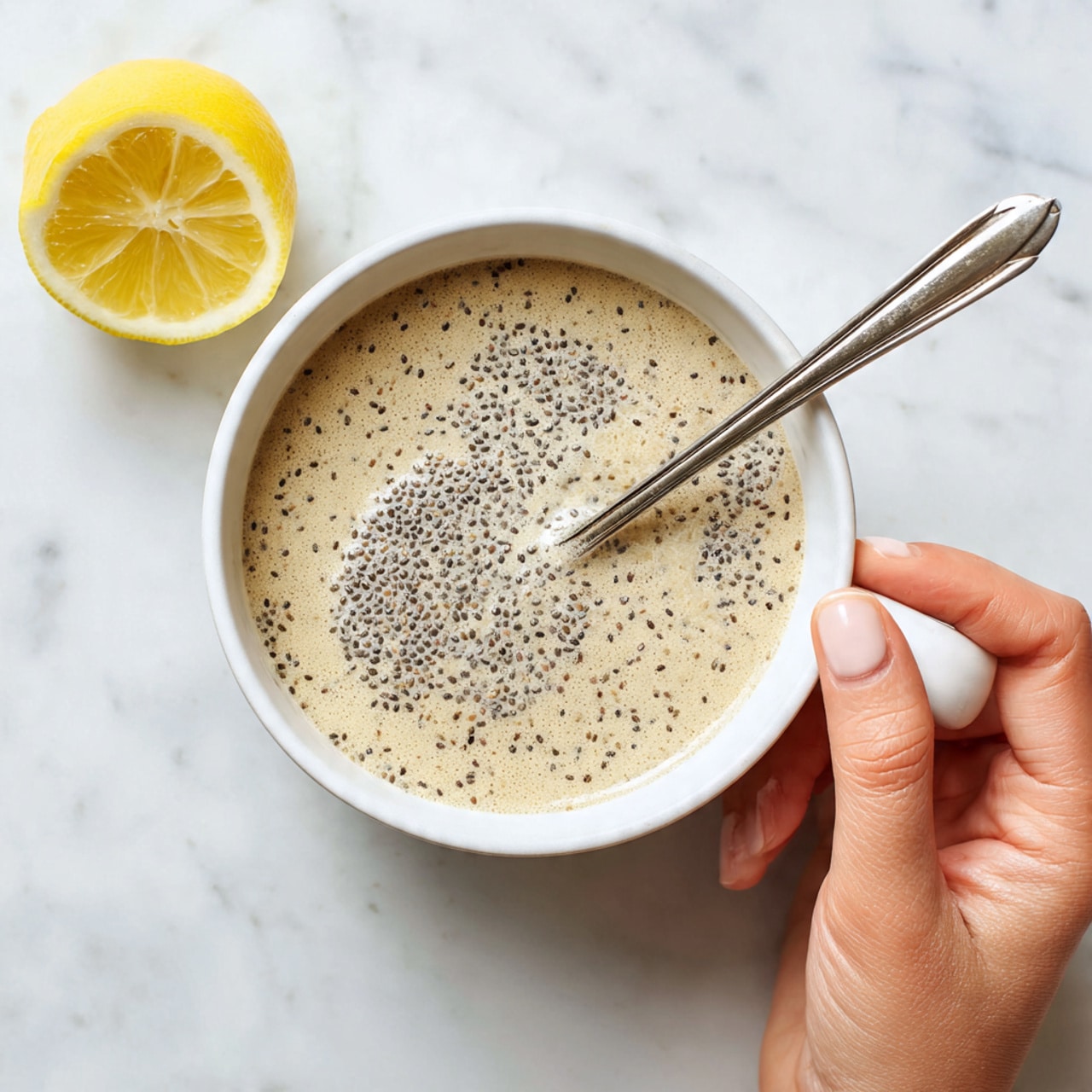 A close-up view of a white bowl filled with a creamy, light beige mixture with many small black chia seeds scattered evenly throughout, creating a speckled effect. The surface of the mixture has small bubbles and a bit of froth. A woman's hand is stirring the mixture gently with a shiny silver spoon visible inside the bowl. Near the top left corner of the image, there is a fresh yellow lemon half resting on a white marbled surface. Photo taken with an iphone --ar 4:5 --v 7
