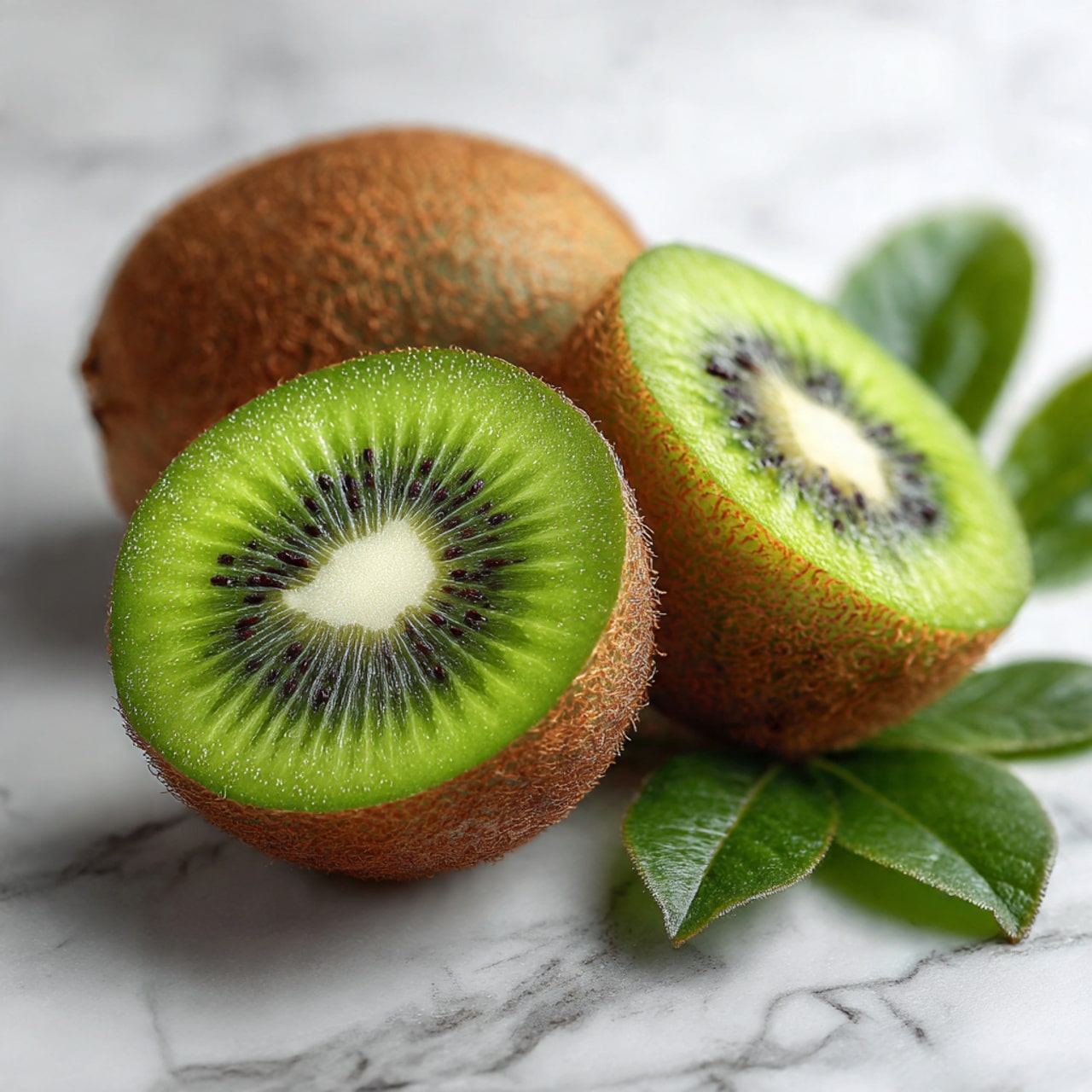 The image shows a close-up of a kiwi fruit cut in half, placed on a white marbled surface. The kiwi's outer layer is brown and fuzzy, while the inner flesh is bright green with a white center surrounded by tiny black seeds arranged in a circle. Behind the halved kiwi, there is another kiwi that is also cut in half, showing a similar pattern. To the side, some fresh green leaves are partially visible. The overall colors are fresh green, brown, white, and black, with a sharp focus on the texture of the fruit's flesh and skin. Photo taken with an iphone --ar 4:5 --v 7
