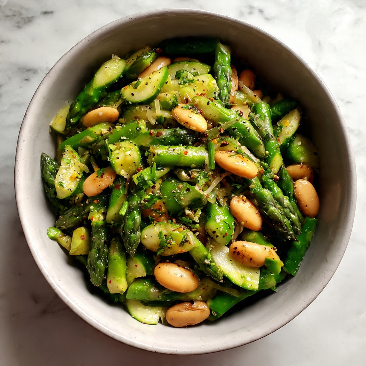 The image shows a white pot filled with chopped green asparagus and light brown beans, all mixed together. The asparagus is cut into small pieces with a fresh green color, and the beans are whole and smooth. Some black pepper and salt are sprinkled over the top, adding small dark and white specks. The pot sits on a white marbled surface, and the inside of the pot is a soft gray color. Photo taken with an iphone --ar 4:5 --v 7