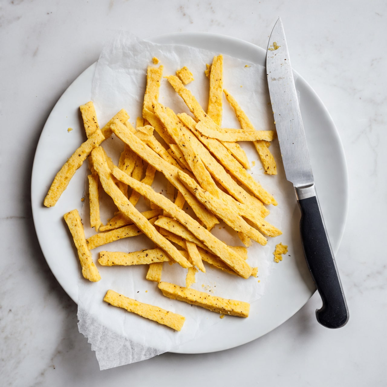 The image shows a white plate on a white marbled surface with many thin, long strips of light yellow dough scattered on it. Some strips are directly on the plate, while others lie on a piece of white parchment paper placed on top of the dough strips, creating two layers mainly. The dough strips have a slightly rough texture with some small bumps and specks, indicating seasoning or herbs. To the right of the plate is a large knife with a black handle and silver blade resting flat. The scene looks clean and bright with a simple, minimal style. Photo taken with an iphone --ar 4:5 --v 7
