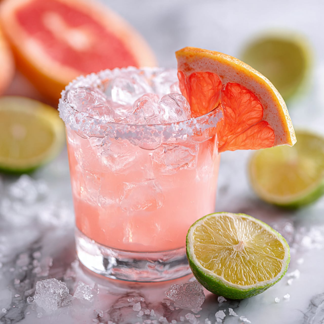 A clear glass filled with light pink liquid and several round ice cubes stacked unevenly on top, with condensation droplets visible. The glass rim is coated halfway with coarse white salt crystals. A wedge of bright pink grapefruit with visible segments is placed inside the glass on the right side, leaning outwards. The glass sits on a white marbled surface, with blurred halves of grapefruit and lime in the soft background. Photo taken with an iphone --ar 4:5 --v 7