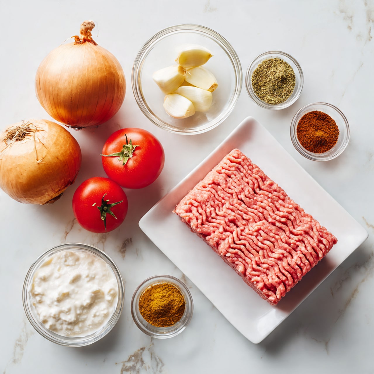 The image shows ingredients on a white marbled surface. On the right side, there is a white square plate with a rectangular block of pink ground meat with a textured, wavy pattern on top. To the left of this plate, there are two whole red tomatoes placed near a round yellow onion and a larger round red onion, both with smooth skins. Above the tomatoes and onions, there is a small clear bowl with three peeled garlic cloves, a small clear bowl with white creamy yogurt, and a larger clear bowl containing different spices arranged in small piles of brown, green, red, and white colors. The setup is clean and organized with the items spaced evenly. Photo taken with an iphone --ar 4:5 --v 7