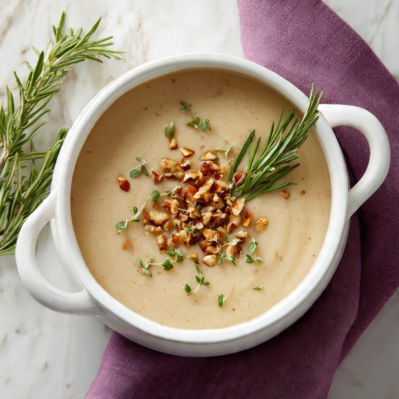 A white round bowl with two handles holds a thick light beige creamy soup. The soup is topped with small chopped toasted nuts scattered in the center, a sprig of fresh green rosemary placed on top, and a few small green herb leaves sprinkled around. The bowl sits on a white marbled surface next to a soft purple cloth on the right side. photo taken with an iphone --ar 4:5 --v 7