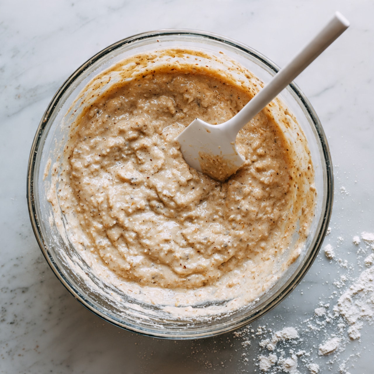 A clear glass bowl filled with a thick, light brown batter that has small lumps and bubbles. A white spatula with batter on it rests inside the bowl, partially covered with the same light brown mixture. The bowl sits on a white marbled surface with slight reflections, and some fine powder is scattered around the bowl edges, giving a fresh baking feel photo taken with an iphone --ar 4:5 --v 7