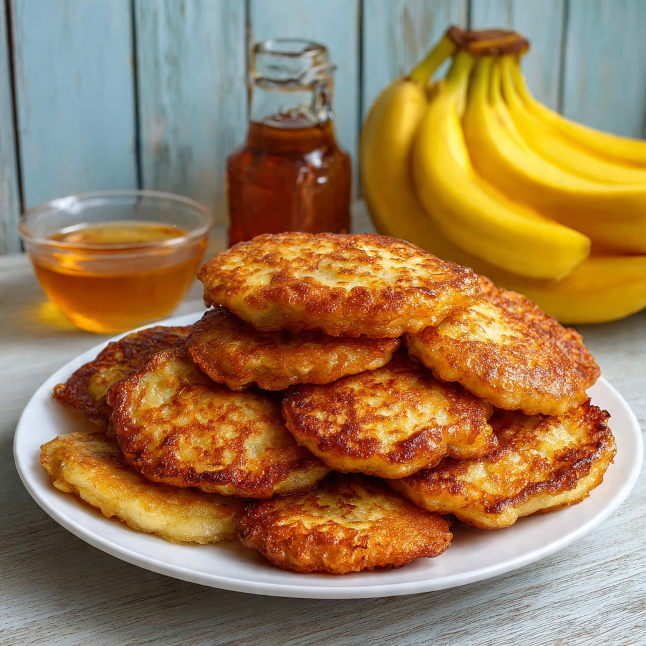 A white plate is filled with about ten flat, round banana fritters that have a shiny, golden brown color and slightly crispy edges. The fritters are layered overlapping each other, showing their uneven, homemade texture with small bubbles on the surface. Behind the plate, on a wooden table, there is a small clear bowl of honey and a glass bottle with honey, along with a bunch of yellow bananas. The background has a worn light blue wooden wall. photo taken with an iphone --ar 4:5 --v 7