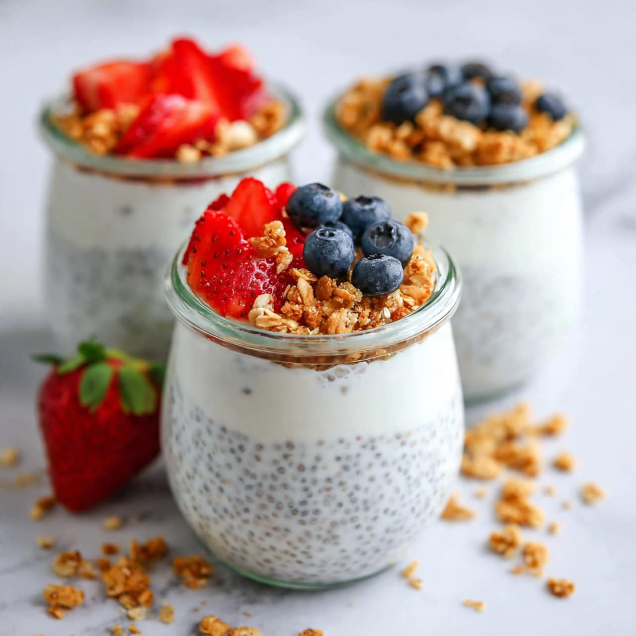 The image shows a clear glass jar filled with creamy white chia seed pudding with tiny black chia seeds evenly mixed throughout. On top, there are three distinct layers of toppings: fresh bright red strawberry pieces arranged on the left, round dark blue blueberries in the middle, and golden crunchy granola clusters on the right. The jar sits on a white marbled surface, sprinkled with a few pieces of granola and a whole red strawberry near the base. Two more jars with similar contents are blurred in the background, emphasizing the focus on the front jar. Photo taken with an iphone --ar 4:5 --v 7