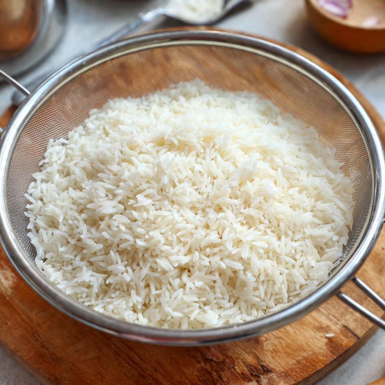 A close-up view of white cooked rice grains in a silver metal mesh strainer. The rice is fluffy with separate grains, filling the strainer in an even layer with a slight swirl pattern on top. The strainer is above a pot, and the background shows a wooden surface with some blurred kitchen items. The overall colors are light, focusing on the white rice and silver strainer against the warm brown wood. photo taken with an iphone --ar 4:5 --v 7
