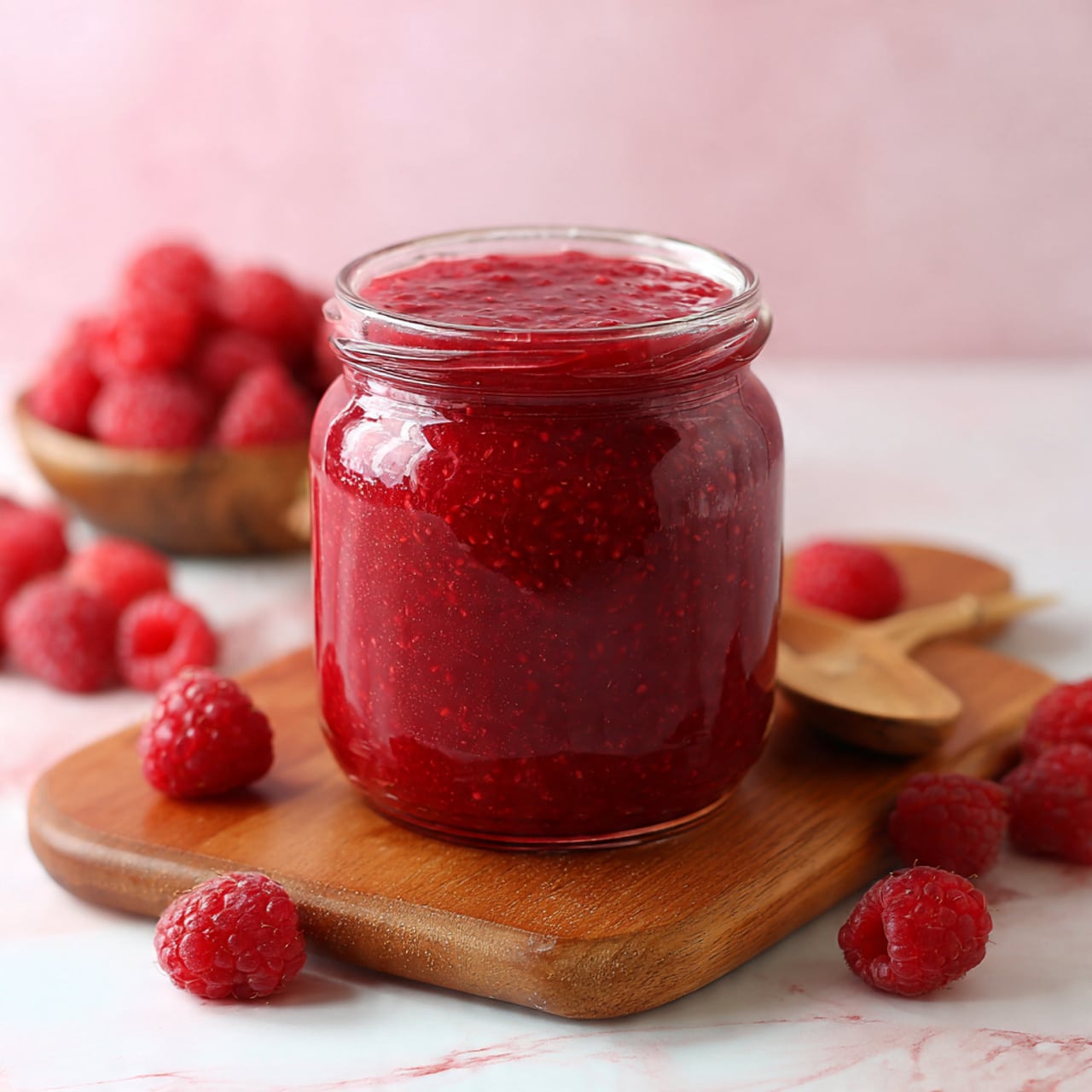 A clear glass jar filled with bright red raspberry jam, showing a smooth and slightly thick texture inside. The jar is resting on a wooden board with a few fresh raspberries scattered around it. A small wooden spoon lies on the board next to the jar. The background has a soft pinkish tone with a white marbled surface beneath the board. Photo taken with an iphone --ar 4:5 --v 7