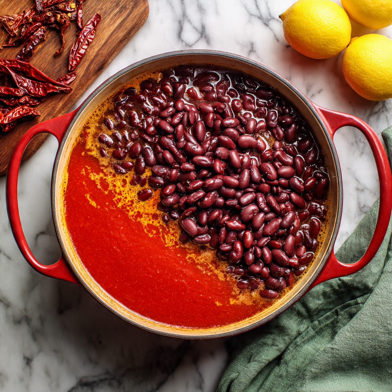 A round red pan with two handles holds a dish with three visible layers. The bottom layer is a smooth, bright red tomato sauce that spreads across one side, next to a thin, slightly orange oily layer, and the top layer is a pile of shiny, dark purple kidney beans that cover the center of the pan. The pan sits on a white marbled surface with a green cloth and two yellow lemons on the right side, and a wooden cutting board with dried red chili peppers on the left side. photo taken with an iphone --ar 4:5 --v 7