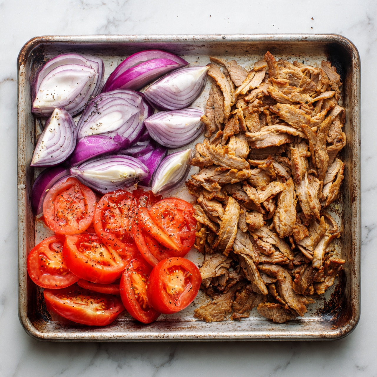 A metal baking tray holds three sections of food arranged flat on a white marbled surface. On the right side, there is a large pile of thin, light brown textured slices of cooked meat stacked unevenly, showing grain and some crisp edges. On the left side, two neat rows of vegetables are placed vertically: the top row has thick wedges of purple and white red onions seasoned with black pepper, while the row below has bright red tomato wedges with seeds visible and slightly wilted skin. The tray's edges show some wear and rust marks. Photo taken with an iphone --ar 4:5 --v 7