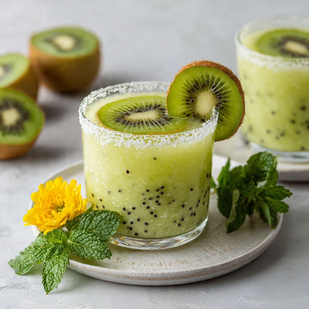 Two clear glasses filled with a light green kiwi drink sit on white plates on a white marbled texture. Each glass has a sugary rim and a thin round kiwi slice floating on top. The drink inside shows two layers: a darker green bottom layer and a lighter green frothy top layer with black kiwi seeds throughout. Around the drinks, fresh kiwi halves, lime wedges, green leaves, and bright yellow flowers add color. Ice pieces are scattered on the white marbled surface. Photo taken with an iphone --ar 4:5 --v 7