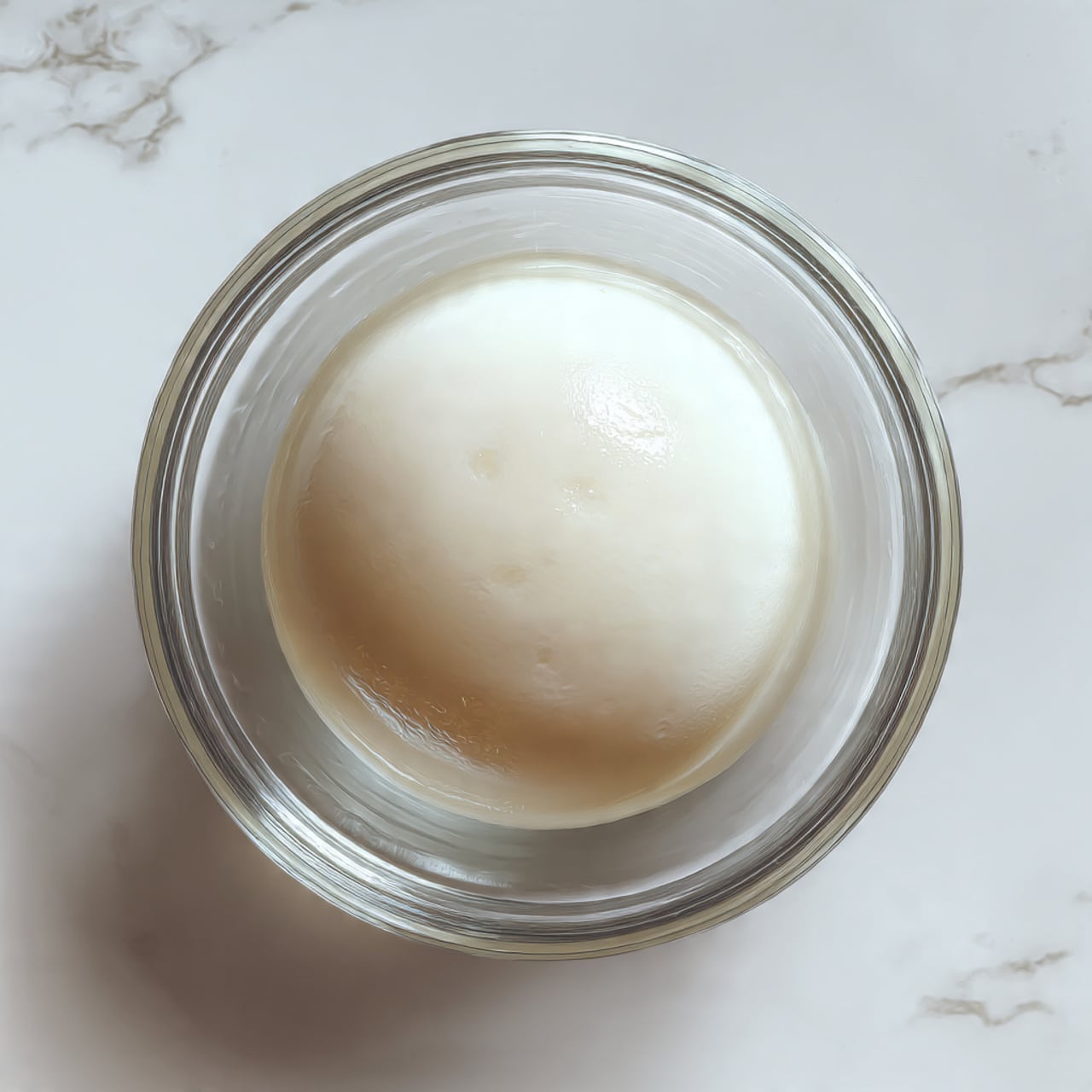 A clear glass bowl holds a single poached egg with smooth, shiny white edges and a slightly wrinkled surface. The egg sits centered in the bowl, displaying soft textures and a gentle, creamy white color. The background is a white marbled texture, creating a clean and simple contrast with the egg and glass bowl. photo taken with an iphone --ar 4:5 --v 7