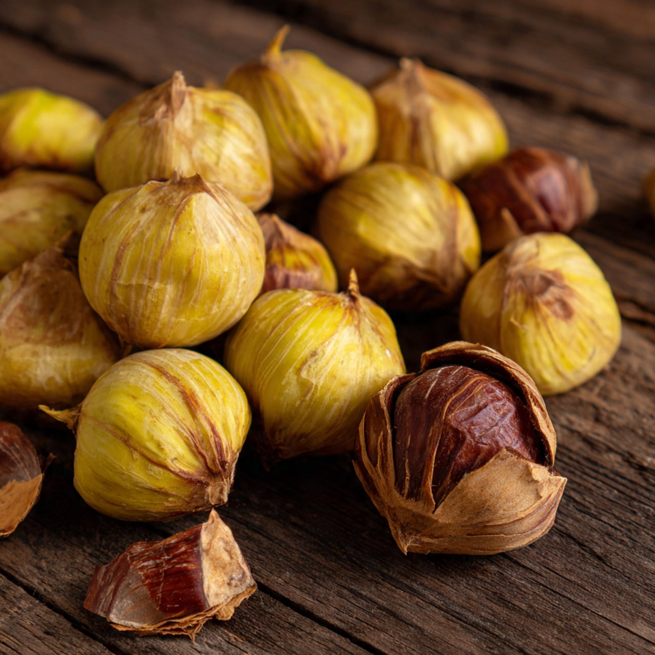 The image shows many peeled yellow chestnuts spread on a dark brown wooden surface, with one chestnut partially inside its brown shell at the bottom right. Each chestnut has a wrinkled, textured surface with varying shades of yellow and light brown lines. Some chestnuts are whole, while others are split into pieces or small chunks scattered around. The wood grain is visible, creating a natural contrast with the yellow chestnuts. photo taken with an iphone --ar 4:5 --v 7