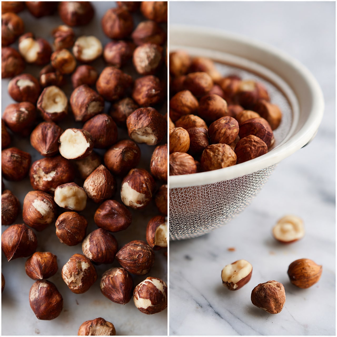 The image shows two close-up views of hazelnuts. On the left side, many hazelnuts are scattered on a flat surface with a soft focus on some nuts in the foreground, showing their rough dark brown shells with small patches where the shell is broken. On the right side, there is a white mesh strainer filled with peeled hazelnuts that are light brown with some darker spots, and small brown bits are floating above as if they are falling into the strainer. The background is a white marbled texture. photo taken with an iphone --ar 4:5 --v 7