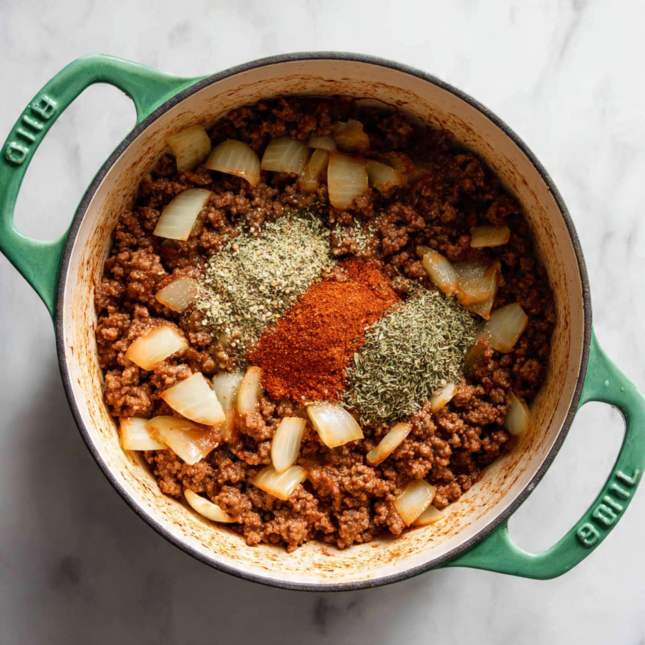 A top-down view of a green pot filled with cooked ground meat mixed with small pieces of soft, translucent onions. In the center of the mixture are two small piles of seasoning, one reddish and powdery, the other a mix of light green and brown dried herbs. The pot is placed on a white marbled surface, and the inside of the pot is white with some brown spots from cooking. photo taken with an iphone --ar 4:5 --v 7