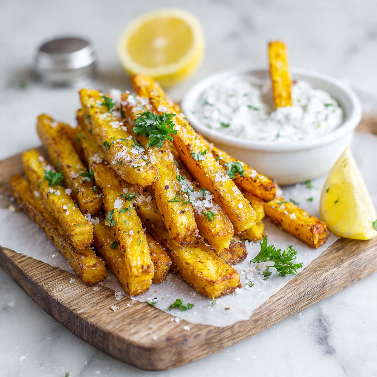 The image shows a wooden board placed on a white marbled surface holding thin, golden brown fries sprinkled with coarse salt and garnished with green parsley leaves. At the top edge of the board, a small white bowl filled with white dip is placed with two fries partially dipped into the sauce. Next to the fries and the bowl, there is a wedge of bright yellow lemon. In the top left corner, a silver bottle cap is visible. The scene is bright and colorful, focusing on the texture and freshness of the food. photo taken with an iphone --ar 4:5 --v 7