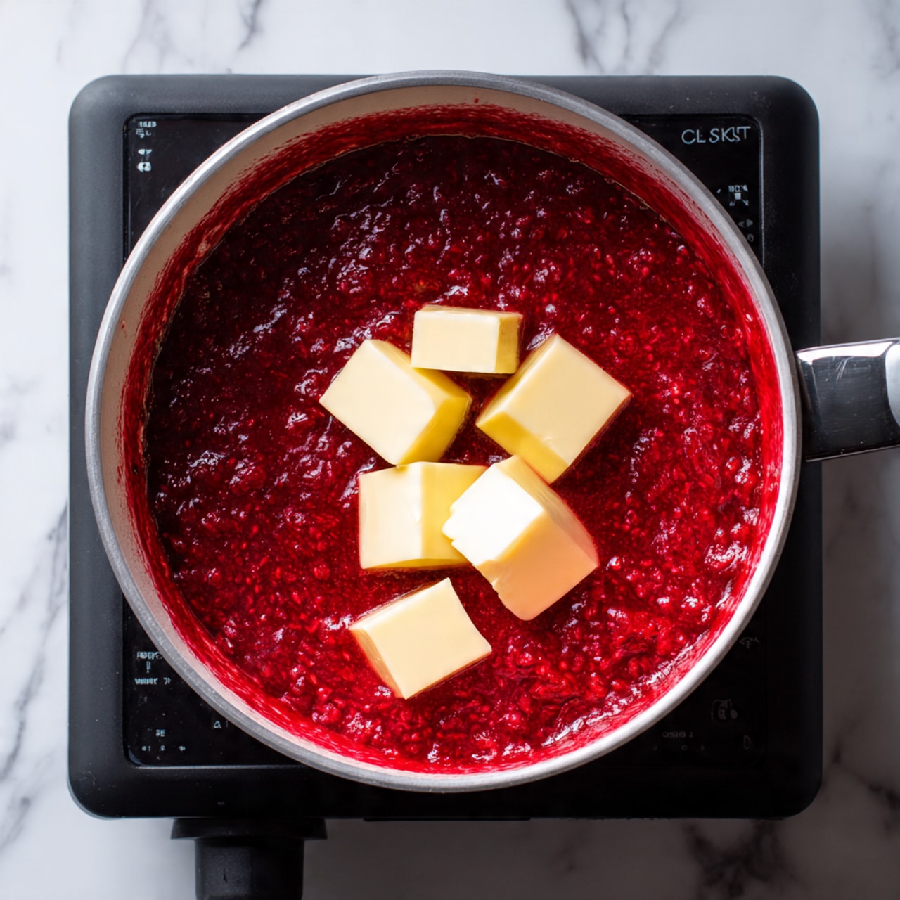 A white pan filled with a thick, rich red sauce that looks smooth and slightly shiny. On top of the sauce, there are four small cubes of pale yellow butter melting slowly. The pan is on a black stovetop with white markings, and the background is a white marbled texture. Photo taken with an iphone --ar 4:5 --v 7