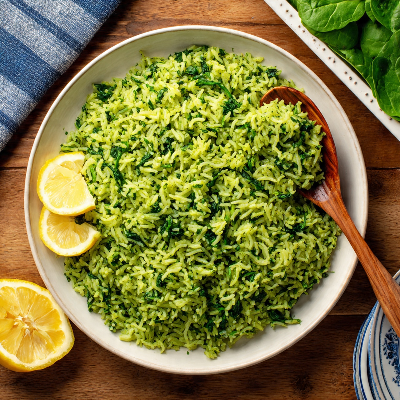 A large white round plate filled with bright green rice, each grain separate and fluffy, showing herbs mixed throughout. On the right side of the plate, two lemon wedges rest near the edge. A wooden spoon is partially inside the rice on the right side, slightly lifting some grains. The plate sits on a warm wooden surface, with a blue striped cloth in the upper left corner and a white rectangular dish full of fresh green spinach leaves in the upper right corner. Photo taken with an iphone --ar 4:5 --v 7