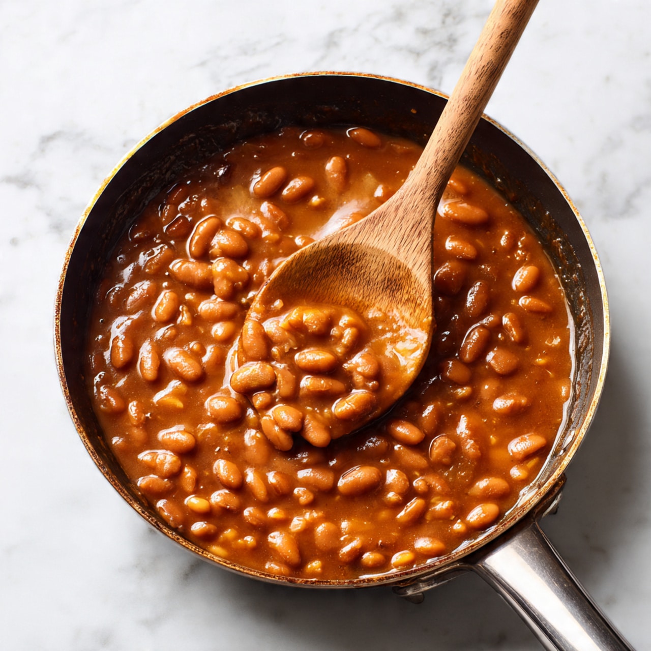 A close-up of a skillet filled with thick, brown beans in a rich, shiny sauce that looks smooth and creamy, with some whole beans visible on the surface. A wooden spoon is scooping into the beans, showing some texture and softness. The skillet sits on a white marbled surface. photo taken with an iphone --ar 4:5 --v 7