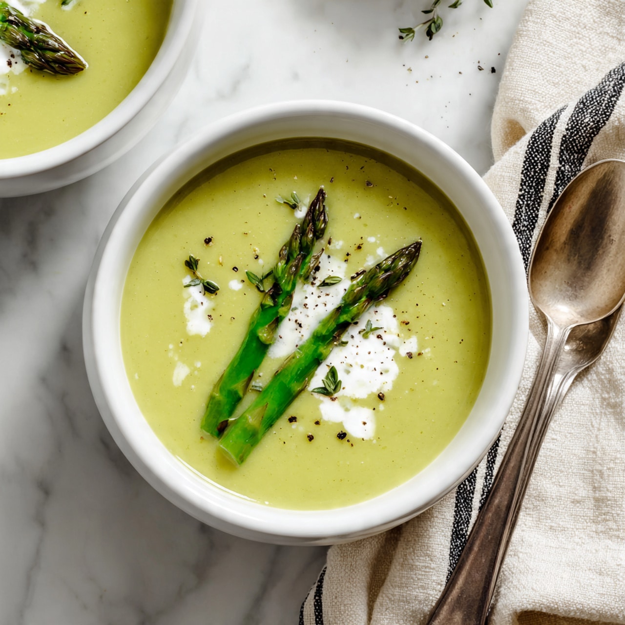 A white bowl filled with smooth, light green soup is placed on a white marbled surface. The soup has two green asparagus spears crossing in the center on top. Around the spears, small drops of white cream and tiny bits of dark green herbs are scattered. A sprinkle of black pepper lightly covers the surface of the soup. In the upper right corner, a silver spoon rests on a folded cream cloth with black and white stripes. Another bowl of the same soup is partially visible on the left side. photo taken with an iphone --ar 4:5 --v 7