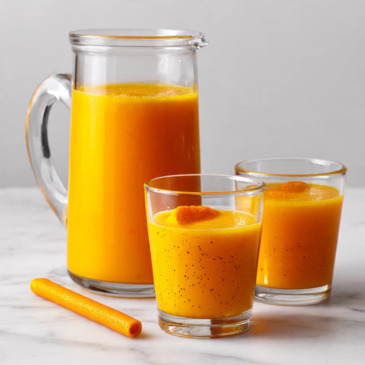 The image shows a large transparent jug filled with a smooth orange drink that has small dark specks scattered on its surface. Next to the jug are two small white glasses, both also filled with the same orange liquid; one glass has a piece of an orange ingredient floating on top. On the left side of the image, there is a long orange stick lying flat on a white marbled surface. The overall scene is bright and clean, focusing on the vibrant orange color of the drink. Photo taken with an iphone --ar 4:5 --v 7
