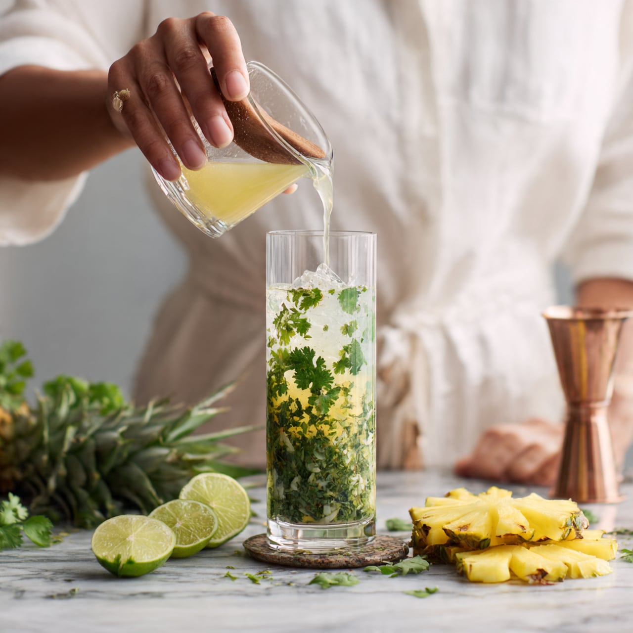 A woman's hand is holding a tall, clear glass filled with green cilantro leaves at the bottom and a wooden muddler inside. Another woman's hand is pouring light yellow liquid from a small, clear glass pitcher into the tall glass. The scene is set on a white marbled surface with scattered cilantro leaves and lime wedges around. To the right, there is a stack of yellow pineapple slices and a copper jigger. The background shows a white shirt worn by the person preparing the drink. Photo taken with an iphone --ar 4:5 --v 7