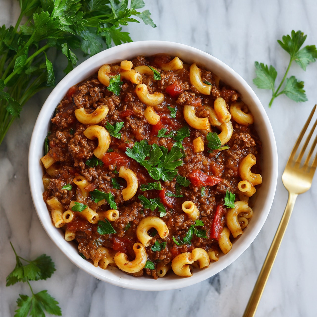 A bowl of thick pasta and meat stew showing two layers: the base layer of rich, chunky dark brown cooked ground meat mixed with soft, slightly translucent onion pieces and red tomato chunks in a deep reddish-brown sauce, and a top layer of light yellow elbow macaroni scattered throughout, garnished with bright green parsley leaves on top. The white bowl sits on a white marbled surface, with a gold fork resting on the right side, and extra parsley pieces near the bowl's top edge. photo taken with an iphone --ar 4:5 --v 7