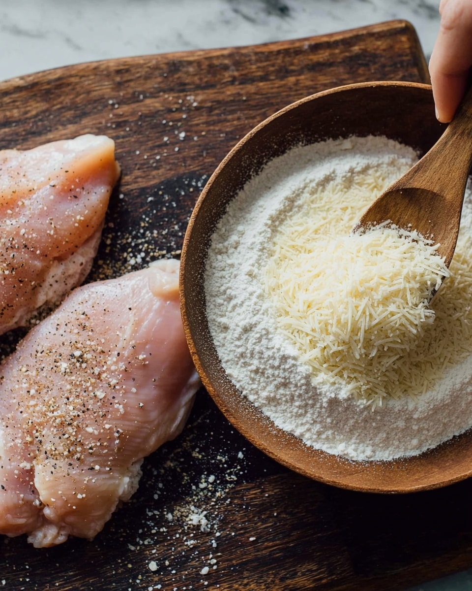 A close view of two raw chicken pieces seasoned with salt and black pepper resting on a dark wooden cutting board, next to a brown bowl containing white flour with a pile of fine grated cheese in the center. A wooden spoon held by a woman's hand scoops the grated cheese from the bowl. The surface is a white marbled texture. photo taken with an iphone --ar 4:5 --v 7