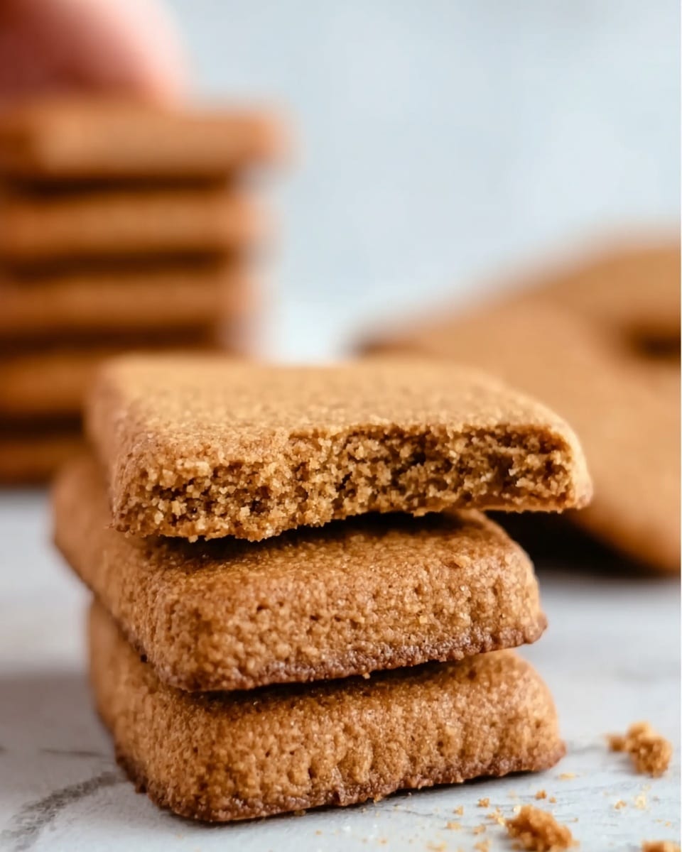 The image shows a close-up of three stacked rectangular brown cookies with a coarse texture, placed on top of a single broken cookie that is flat on a white marbled surface. The cookies have a rough, crumbly look with visible grainy details. In the blurred background, there is another stack of similar rectangular cookies. A woman's hand is not visible but the focus is on the texture and layers of the cookies. photo taken with an iphone --ar 4:5 --v 7