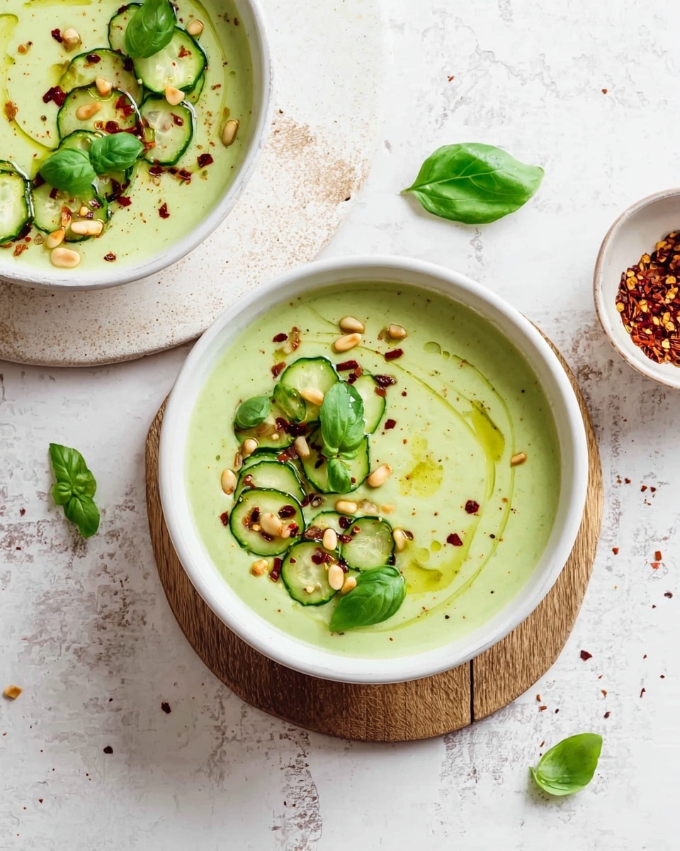 The image shows two white bowls of creamy light green soup placed on a white marbled surface. Each bowl has a smooth soup base with a swirl of olive oil on top. The soup is layered with fresh green basil leaves and thin slices of cucumber arranged near the center. Scattered across the surface are toasted pine nuts and red chili flakes, adding texture and color contrast. One bowl sits on a small wooden board, while the other is directly on the white marbled background. Around the bowls are a few loose basil leaves and some chili flakes scattered on the surface to add a natural touch. Photo taken with an iphone --ar 4:5 --v 7