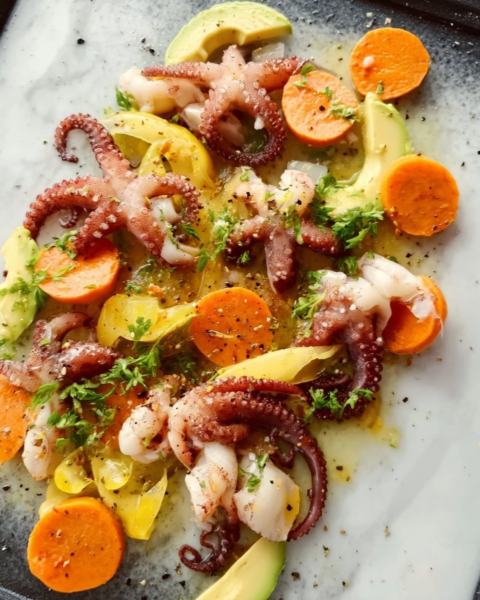 The image shows a close-up of a seafood dish on a white marbled surface, featuring small octopus with curled tentacles spread across the plate. Among the octopus are bright orange slices of sausage, adding contrast with their round shape and smooth texture. There are also thin yellow slices of avocado or similar vegetable scattered throughout, adding softness. The dish is sprinkled lightly with green herbs and black pepper, giving it a fresh, colorful look. The background is white marbled, enhancing the vibrant colors of the food. Photo taken with an iphone --ar 4:5 --v 7