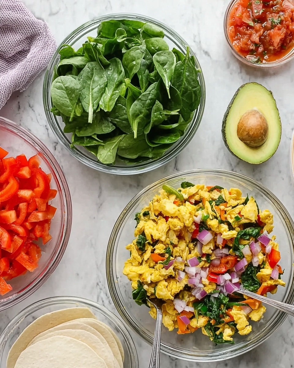 The image shows two clear glass bowls on a white marbled surface. The bowl on the left contains fresh green spinach leaves that fill the bowl with a leafy texture. The bowl on the right holds scrambled eggs mixed with red diced bell peppers, chopped red onions, and spinach, creating a colorful mix of yellow, red, green, and purple shades. A silver fork rests inside the scrambled egg bowl. Next to this bowl is half an avocado with its brown seed visible. At the top right corner, a small white bowl contains red salsa with visible tomato pieces. A white flour tortilla is partly visible near the salsa bowl. Nearby, transparent bowls hold chopped red bell peppers, whisked eggs, and chopped red onions. The whole scene is set on a clean white marbled surface with a towel partially visible near the spinach bowl, and a woman's hand is partially visible holding a fork in the scrambled eggs bowl. photo taken with an iphone --ar 4:5 --v 7