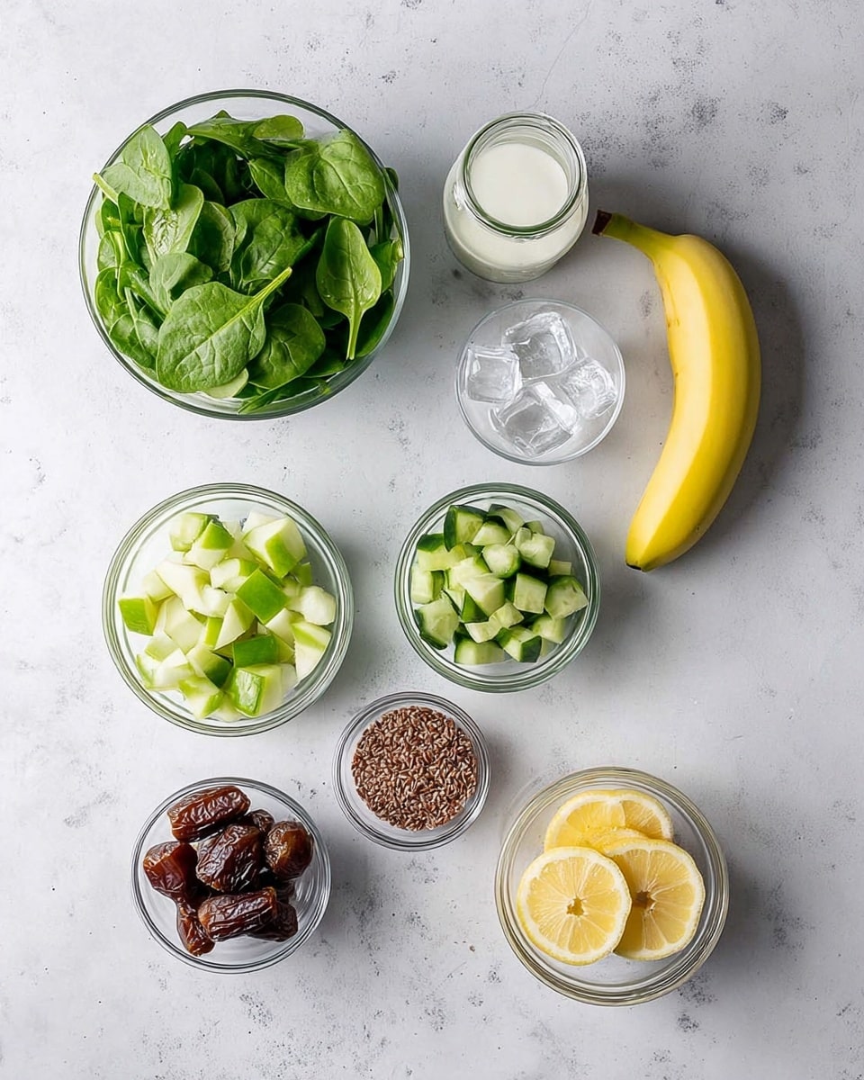 The image shows a top view of various ingredients placed on a white marbled surface. There is a glass bowl filled with fresh green spinach leaves on the left side, a small glass jar of white liquid at the top center, and a whole ripe yellow banana to the right of it. Below the banana, a glass bowl holds ice cubes. In the middle, a glass bowl contains small chopped cucumber pieces, and below that, another bowl with diced green apple pieces sits on the left. In the center, a small bowl holds brown flax seeds, and to the bottom left, there is a glass bowl of dark brown dates. On the right near the bottom are three lemon wedges. All the bowls and jars are clear glass. Photo taken with an iphone --ar 4:5 --v 7