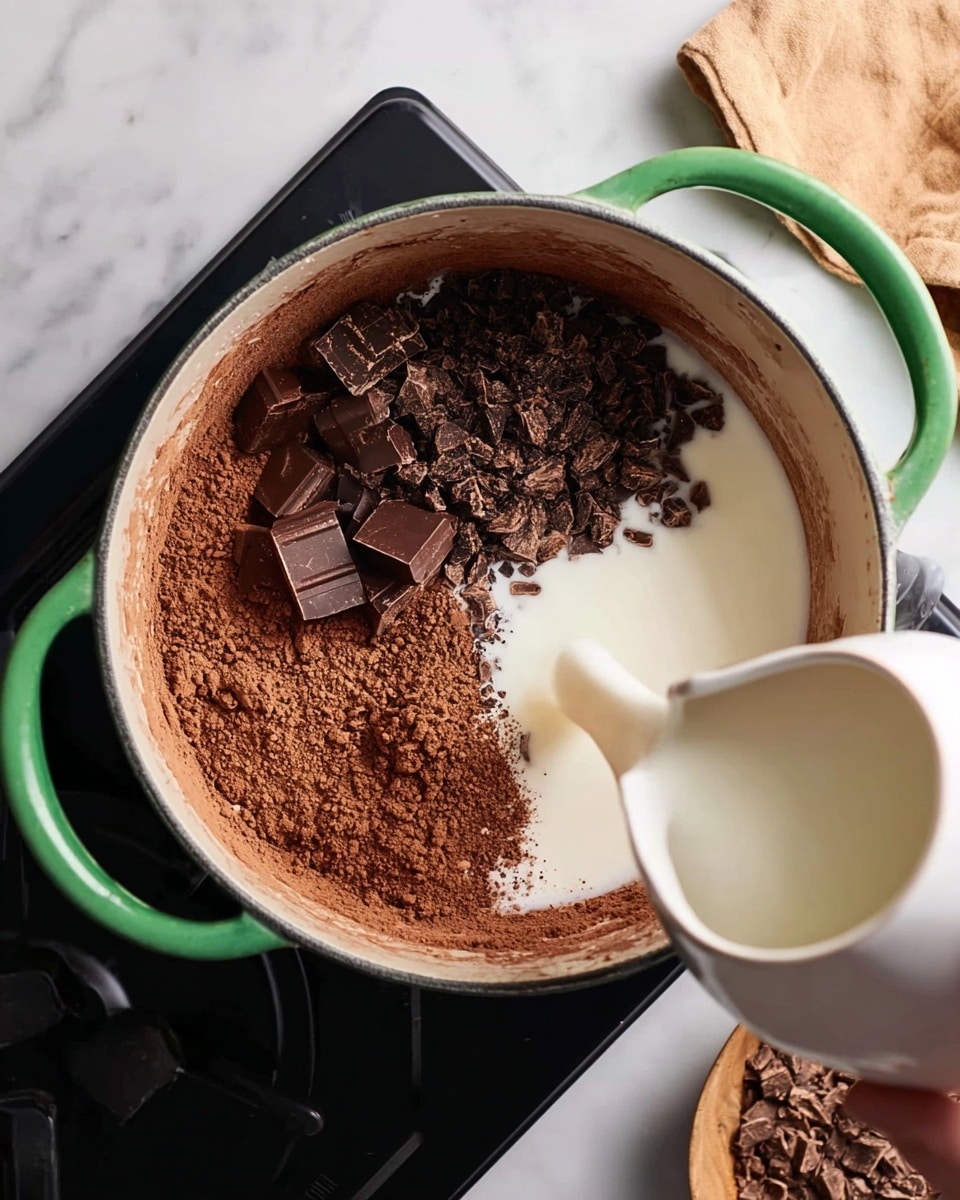 A top view of a round pot with green handles on both sides, filled with layers of brown cocoa powder, dark brown coffee granules, and chunks of dark chocolate on one side, with white milk being poured in from a white jug held by a woman's hand from the bottom right corner; the pot is on a black stove against a white marbled surface, and a tan cloth is partially visible in the top right corner photo taken with an iphone --ar 4:5 --v 7