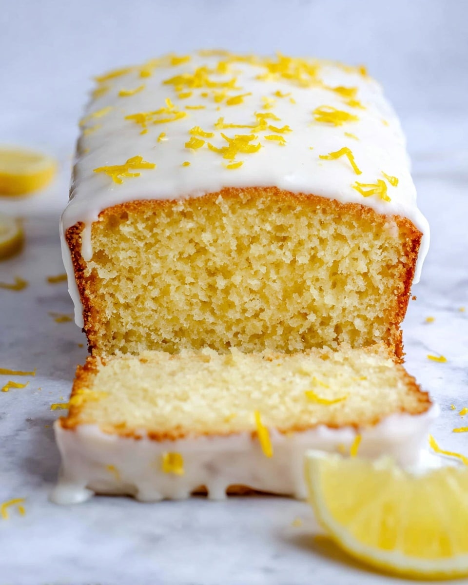 A rectangular lemon cake with one slice cut from the front shows a soft, moist, light yellow interior with a slightly crumbly texture. The cake is topped with a thick, smooth layer of white icing that evenly covers the top and drips slightly down the sides, decorated with small bright yellow lemon zest shreds. The cake sits on a white marbled surface, with a lemon slice placed nearby adding a pop of fresh yellow color. Photo taken with an iphone --ar 4:5 --v 7