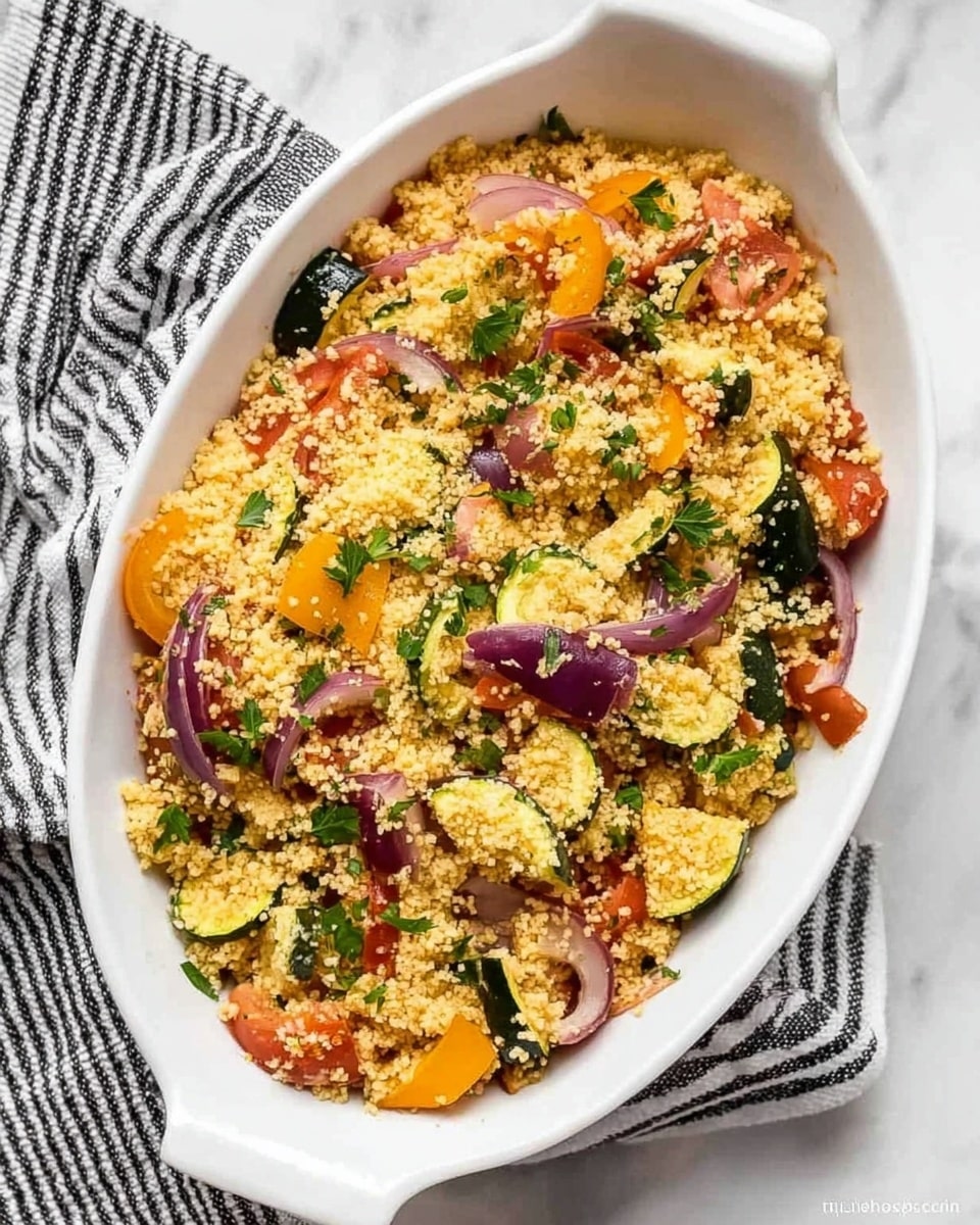 A large white bowl is filled with a colorful couscous salad that looks fluffy and granular. The salad has multiple layers of small couscous grains mixed with pieces of green zucchini, orange bell peppers, red onion slices, and bits of green herbs scattered throughout. Two wooden utensils rest inside the bowl, with their handles leaning outward. The bowl is set on a white marbled surface, creating a clean and bright background. photo taken with an iphone --ar 4:5 --v 7
