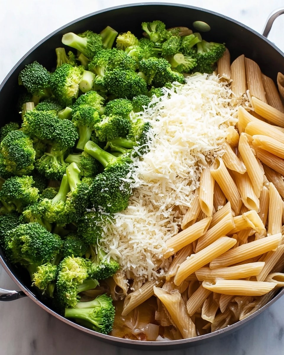 A close-up view of a black pan filled with three main layers: on the left side, bright green broccoli florets are piled high with a fresh, slightly rough texture; in the middle, there is a mound of finely grated white cheese with a light, fluffy appearance; and on the right side, light beige cooked penne pasta with a smooth texture is arranged, filling about half of the pan. Below the broccoli and pasta, a brown sauce with small white pieces is partially visible, adding depth to the bottom layer. The pan sits on a white marbled surface. photo taken with an iphone --ar 4:5 --v 7