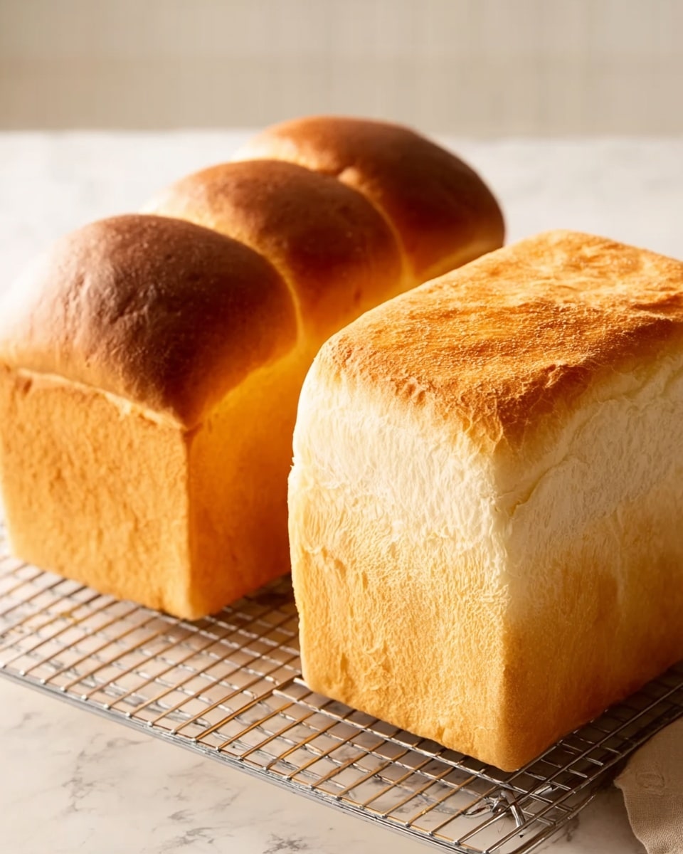 The image shows two loaves of bread on a silver cooling rack set on a white marbled surface. The loaf on the left has three rounded top sections with a golden-brown crust that fades to a lighter beige on the sides. The loaf on the right is a square shape with a slightly wrinkled, pale golden top and smooth, light beige sides. Light softly highlights the texture of both loaves, emphasizing the soft bread inside and the crispy crust outside. Photo taken with an iphone --ar 4:5 --v 7