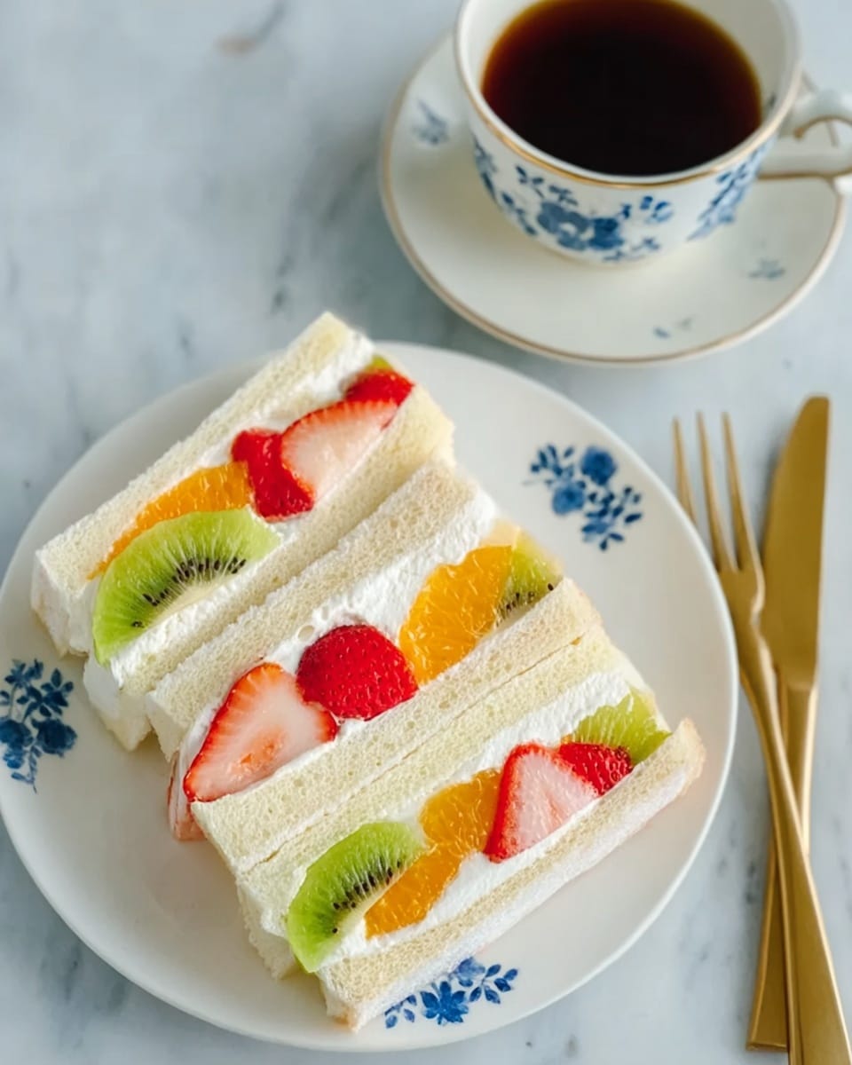 The image shows two triangular slices of a layered fruit sandwich on a white plate with a simple blue pattern. Each sandwich has three layers of soft, white bread with a creamy white filling. Inside the filling, colorful fruit slices are neatly arranged: red strawberry slices, bright orange pieces, and green kiwi rounds. The plate is on a white marbled surface, and next to the sandwiches is a gold fork and knife placed side by side. A cup of black coffee in a white cup with a blue design sits nearby. photo taken with an iphone --ar 4:5 --v 7