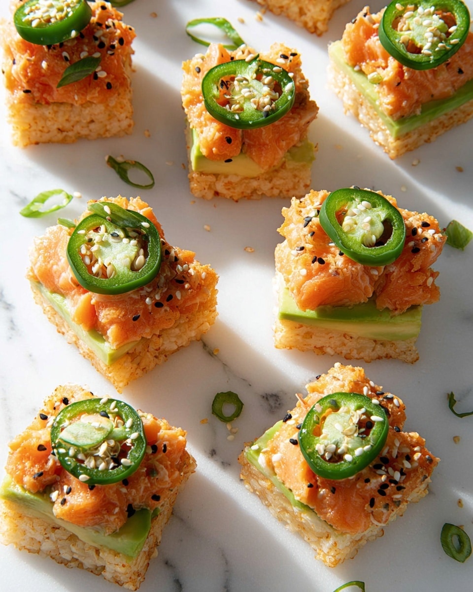 Small square bites are arranged spaced out on a white marbled surface. Each bite has three layers: a golden-brown crispy rice base with a slightly rough texture, a middle layer of thin green avocado slices, and a top topped with a creamy orange salmon mixture that looks soft and rich. Each piece is garnished with a thin green slice of jalapeño pepper, small green chive bits, and sprinkled sesame seeds in black and white for added texture and color contrast. The lighting is bright and natural, showing the fresh colors clearly. photo taken with an iphone --ar 4:5 --v 7